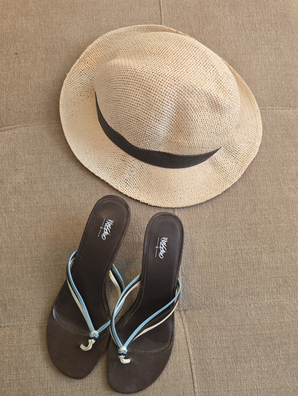 Brown Sandals w/ Blue & Cream Straps